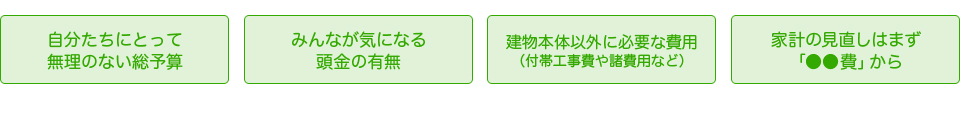 自分たちにとって無理のない総予算　みんなが気になる頭金の有無　建物本体以外に必要な費用　家計の見直しはまず「●●費」から