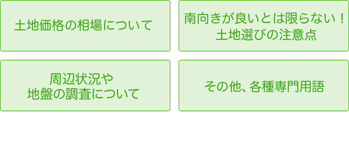 土地価格の相場について　南向きが良いとは限らない！土地選びのｒ注意点　周辺状況や地域の調査について　その他各種専門用語