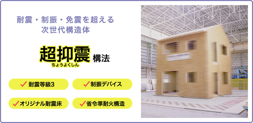 耐震・制振・免震を超える次世代構造体 超抑震（ちょうよくしん）構法　耐震等級3　制振デバイス　オリジナル耐震床　省令準耐火構造