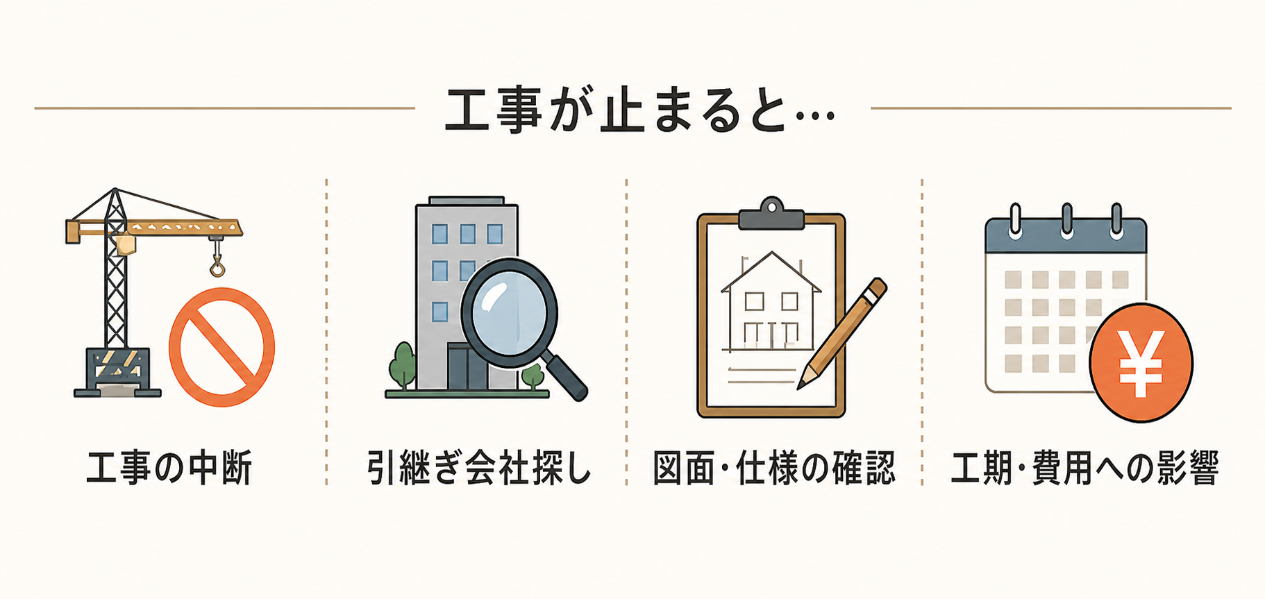 工事の中断、引継ぎ会社探し、図面・仕様の確認、工期・費用への影響を示す4つのイラスト